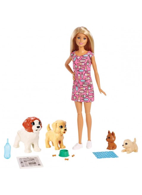 Mattel Barbie Doggy Daycare Playset Dogsitter con Bambola Cuccioli 4 Cagnolini 