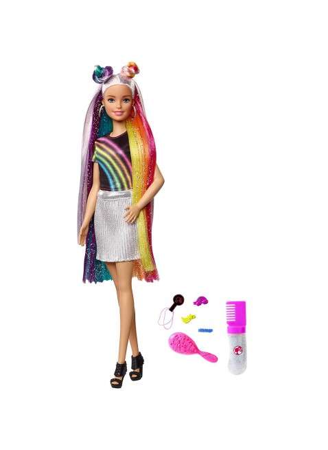 Barbie Rainbow Sparkle Bambola con Capelli Lunghi Arcobaleno e Tanti Accessori