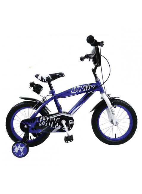 Bici bicicletta BMX mtb blu per bimbo bambino misura 16 con borraccia e rotelle